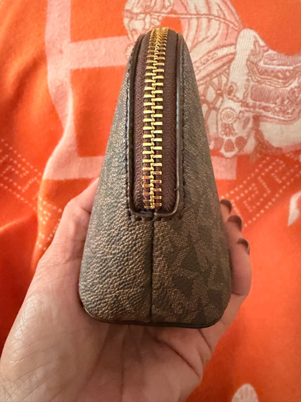 Michael Kors Brown and Gold MK Logo Dome Cosmetic Case - Picture 5 of 8